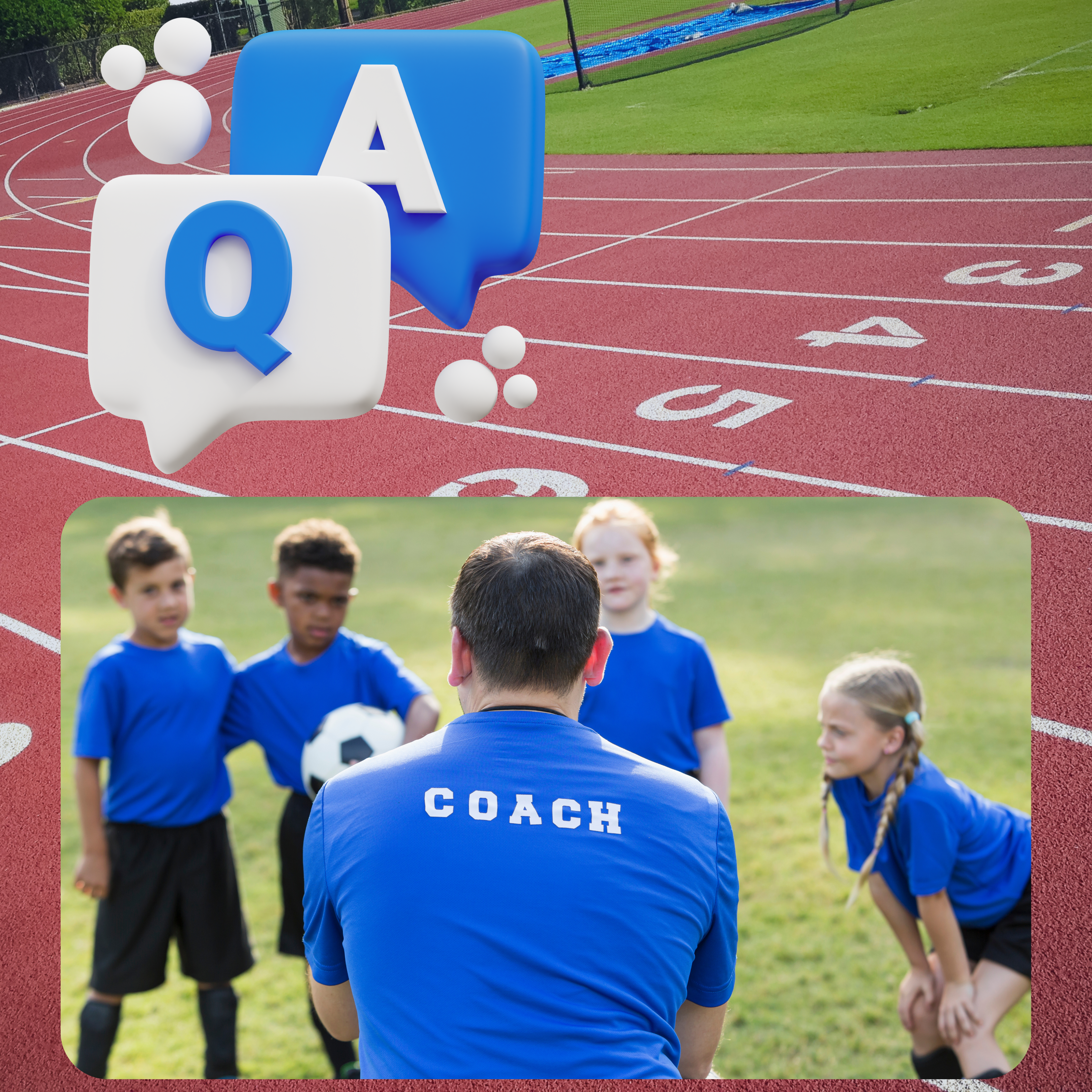 Illustration of a youth sports coach guiding children in different athletic activities, symbolizing teamwork, fitness, and mentorship for 12th Rock’s Coach’s Corner blog.