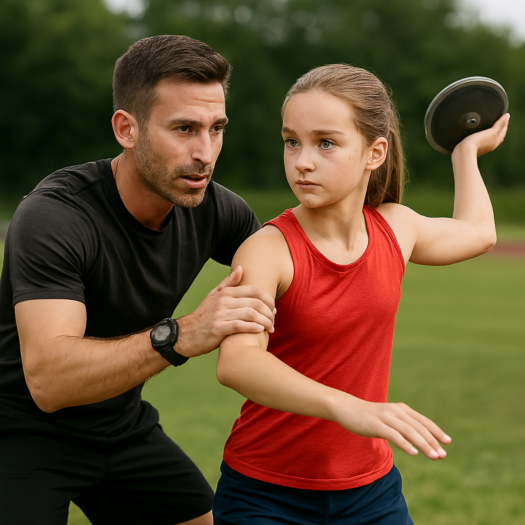 Coach guiding youth athletes through volleyball, throws, and archery drills at 12th Rock.